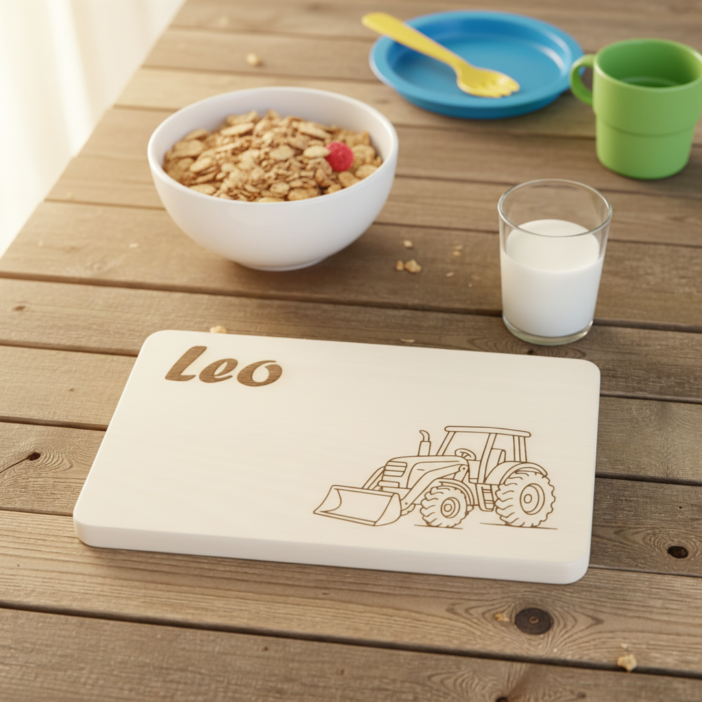 Kinder-Brotbrett Buche mit Lasergravur – Frühstückssetting