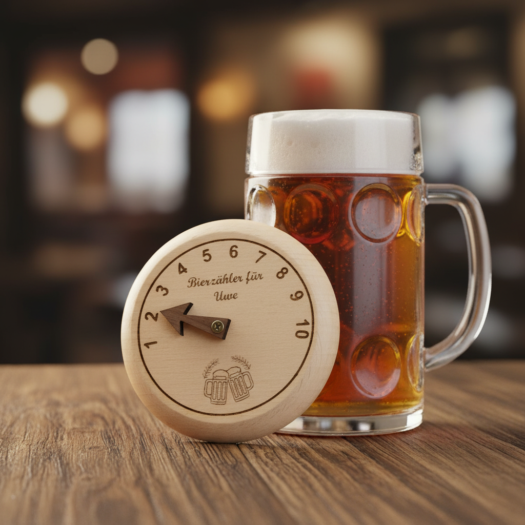 Bierzähler aus Holz – Lifestyle Shot auf rustikalem Holztisch