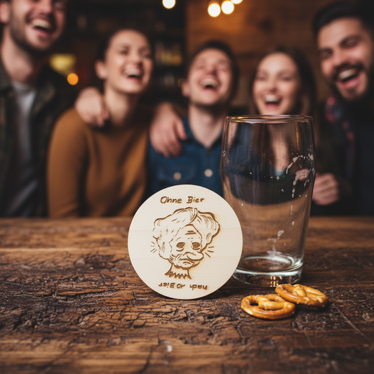 Holzbierdeckel Wendegesicht auf Bartresen mit leerem Bierglas und Freunden