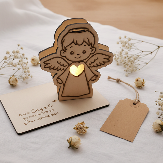 Holzengelchen mit LED-Herz als Geschenk auf Leinen mit Trockenblumen