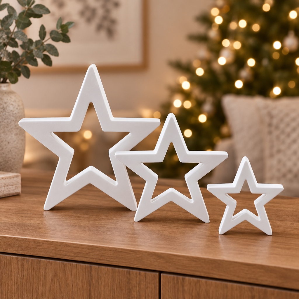 Drei weiße offene Deko-Sterne aus Keramikguss auf einem Holzsideboard in weihnachtlicher Umgebung