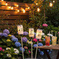 Maritime Gartenfackeln leuchtend im Garten am Sommerabend mit Lichterketten