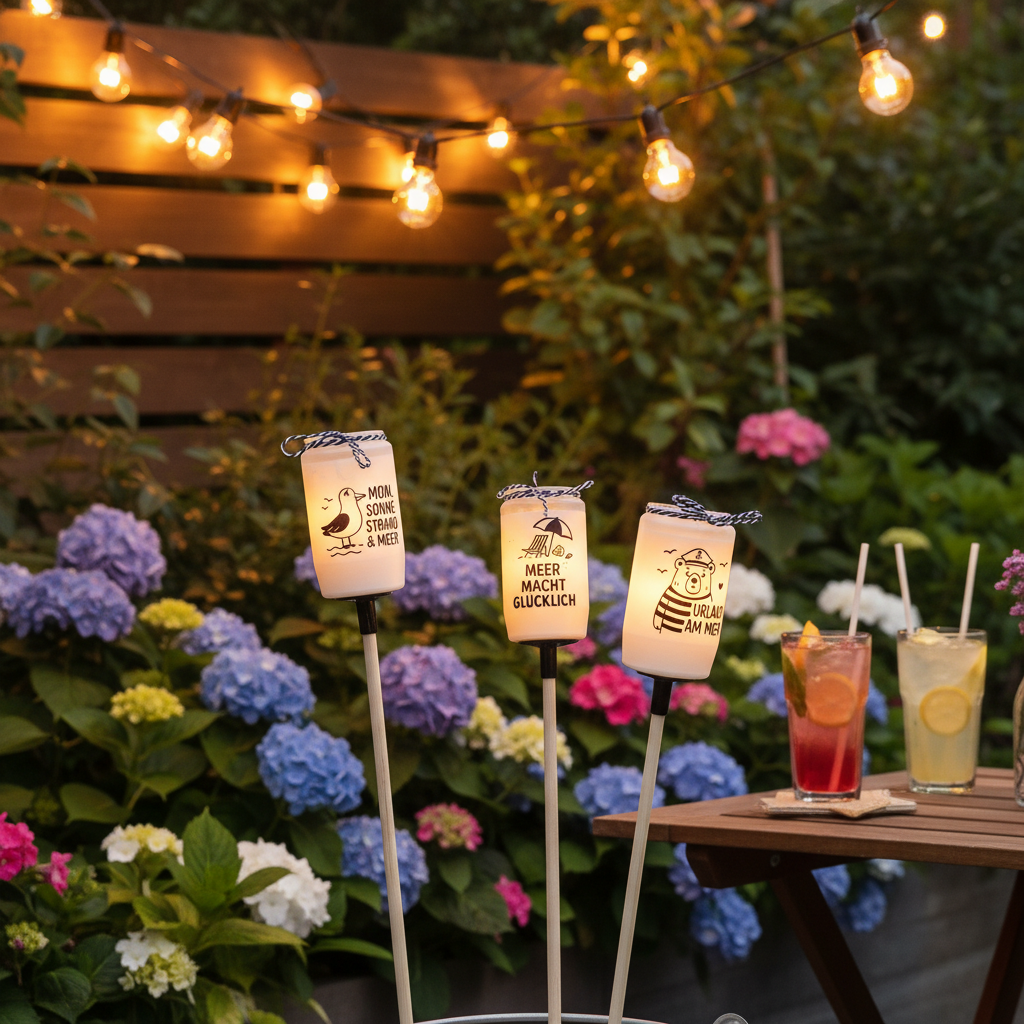 Maritime Gartenfackeln leuchtend im Garten am Sommerabend mit Lichterketten