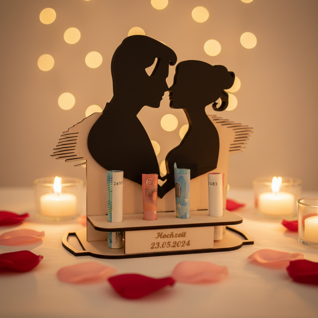 Geldgeschenk Hochzeit Holzskulptur – romantisches Kerzenlicht-Setting