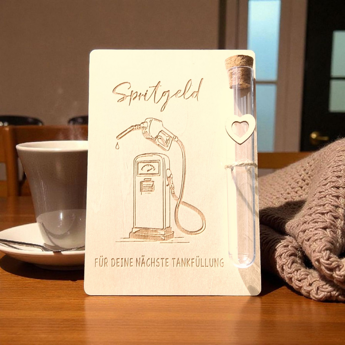 Geschenkgutscheinkarte aus Holz mit Reagenzglas – Kreatives Geldgeschenk