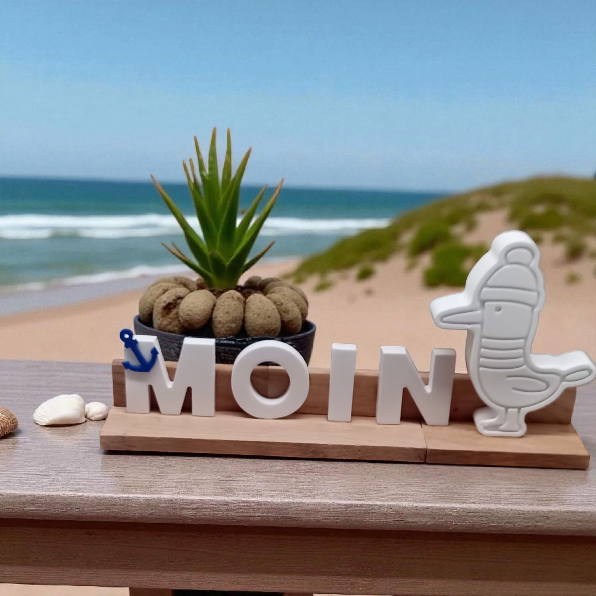 Maritime Deko „Moin“ mit Möwe aus Holz & Keramikguss – Küstendeko & Geschenk