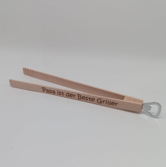 Personalisierte Holzgrillzange mit Flaschenöffner