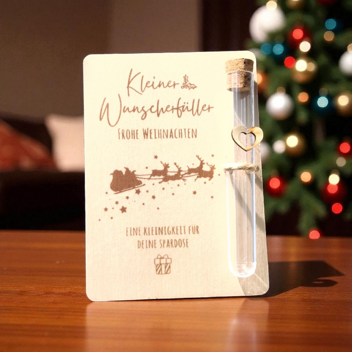 Weihnachtsgeldgeschenk aus Holz – Holzkarte mit Reagenzglas "Kleiner Wunschefüller"