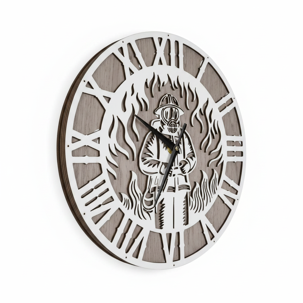 Wanduhr aus Holz mit Feuerwehrmotiv – Personalisiert