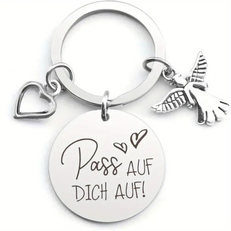 Schlüsselanhänger aus Edelstahl „Pass auf dich auf!“ – Mit Engel & Herz-Charm