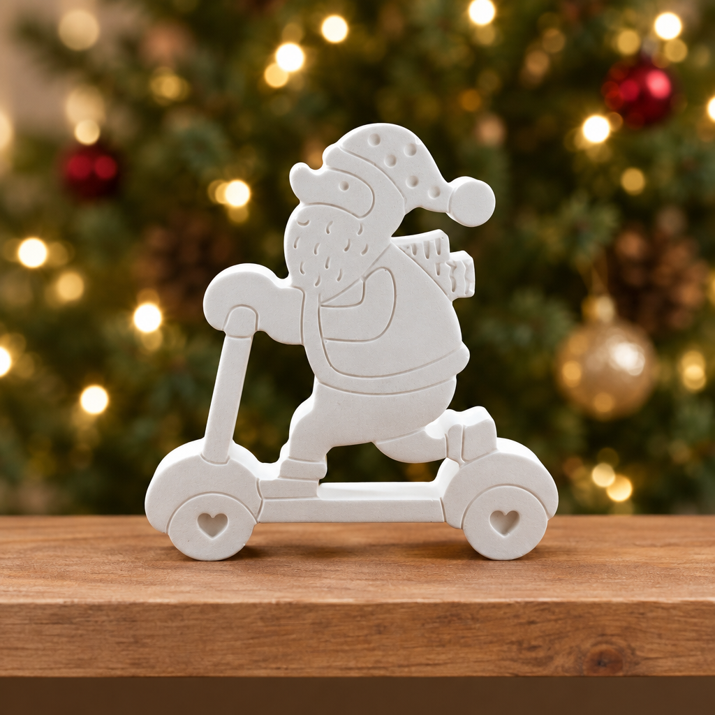 Weihnachtsmann auf Roller in festlicher Umgebung